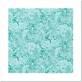 Turquoise Brushed Flowers Posters and Art